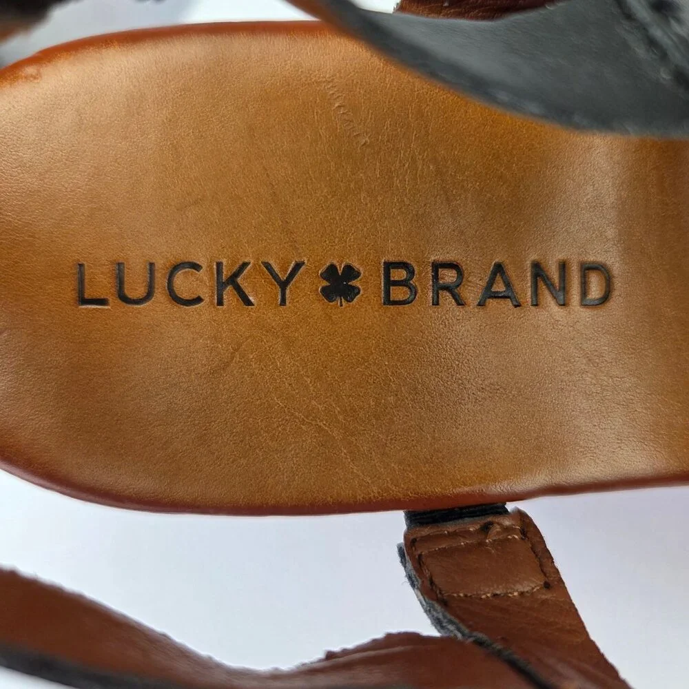 Lucky Brand Marinaa Black Leather Strappy Wedge Sandals 8M